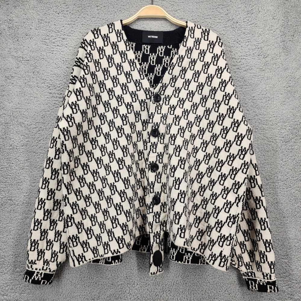We11done Small Black White Logo Jacquard Wool Cashmere Cardigan Sweater‎